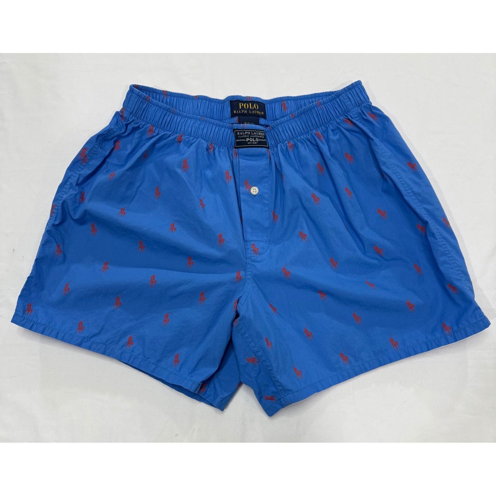 Polo Ralph Lauren Mens Blue Red Pony Logo Woven Cotton Boxer Shorts Medium